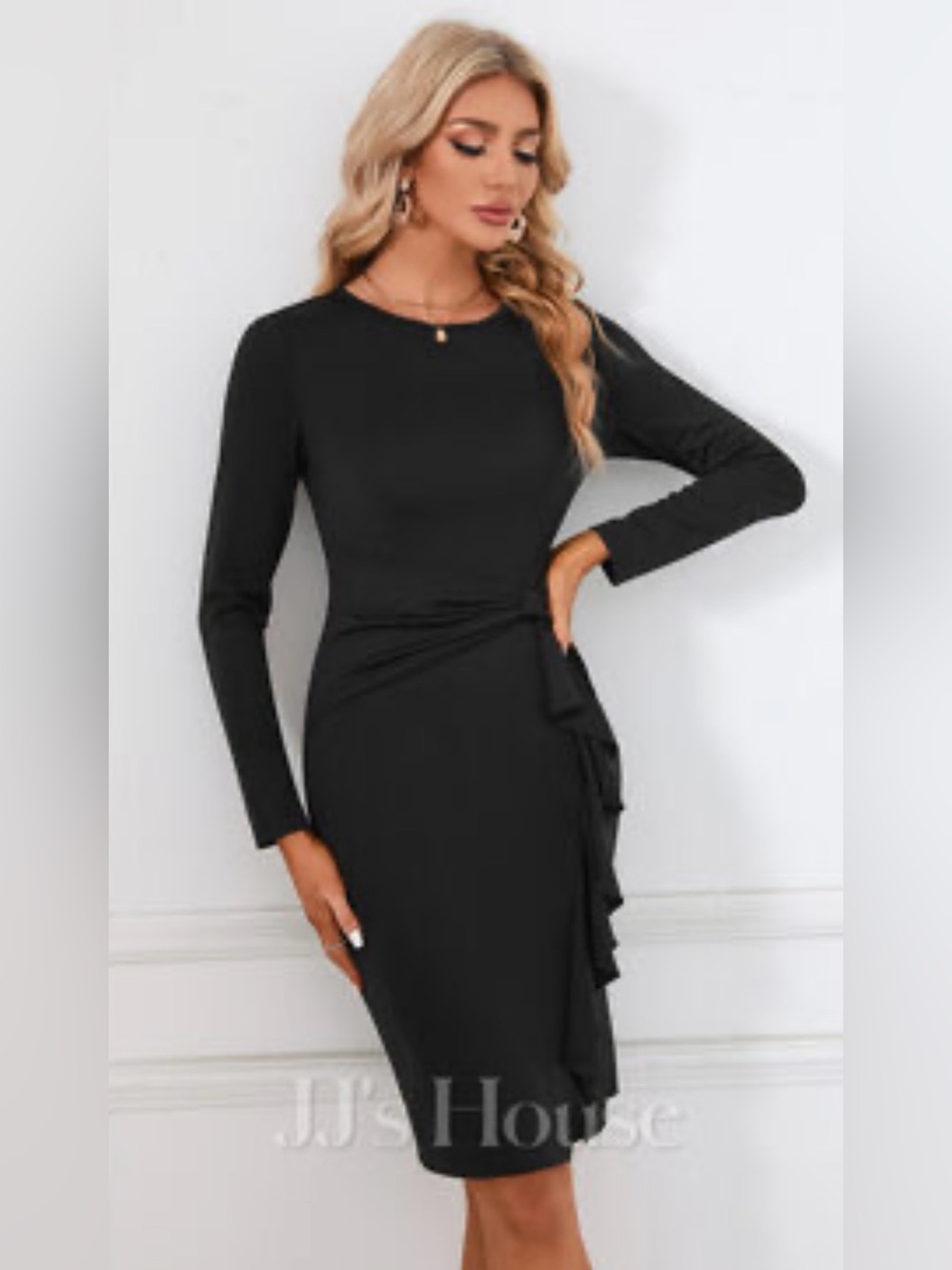 JJs House Cascading Ruffles Black Long-Sleeve Ruffle Sheath Dress